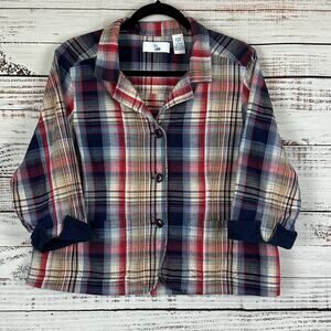 Womens Ms Lee Red Navy Plaid Button Up Lightweight Jacket 3/4 Sleeve Cotton PL